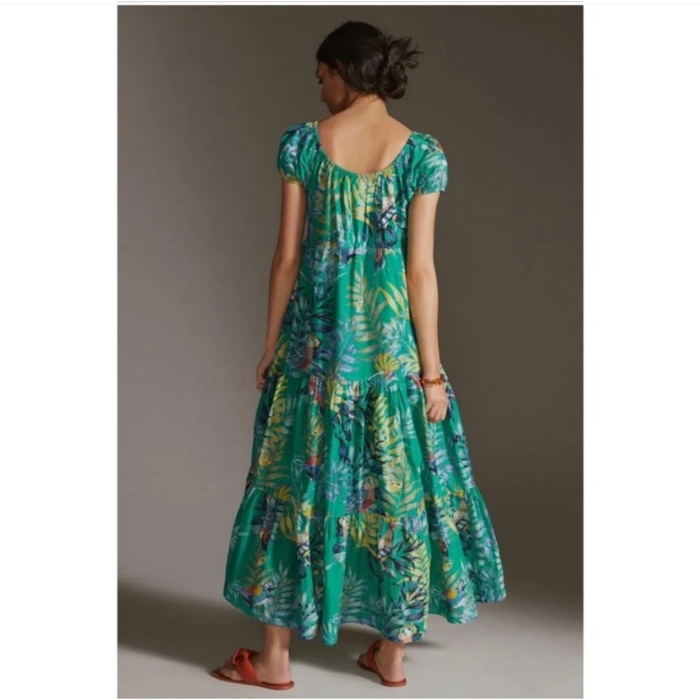 Anthropologie Maeve Tropical Green Tiered Maxi Dress Cotton Birds Butterflies - Picture 2 of 11